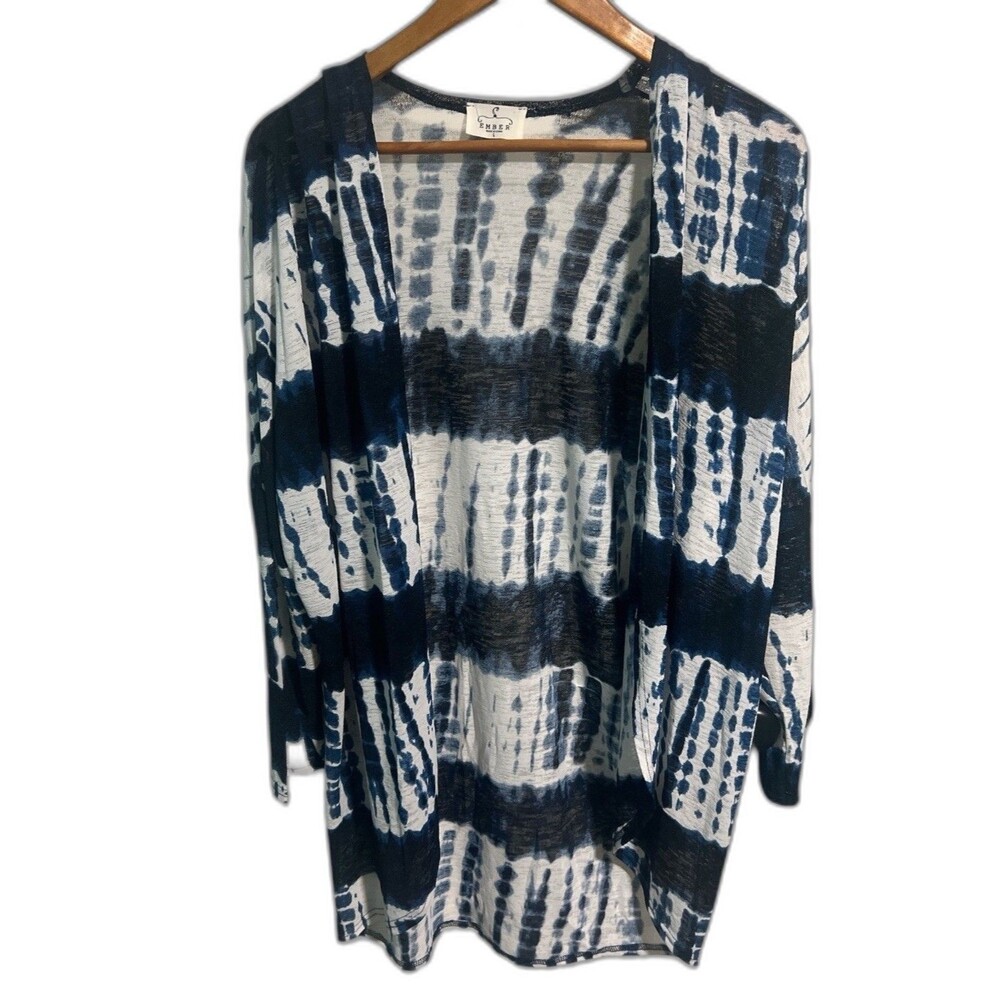 Ember Cardigan Women’s Large Long Tunic 3/4 Sleeve Blue White Tie-Dye Boho Top